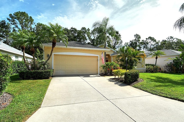 12113 Whistling Way, Lakewood Ranch, FL 34202 - view of front facade with stucco siding, a front yard, driveway, and an attached garage
