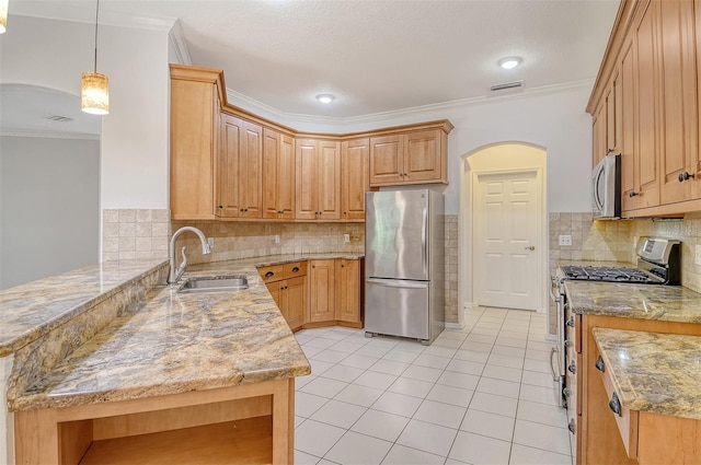 12113 Whistling Way, Lakewood Ranch, FL 34202 - kitchen featuring stainless steel appliances, arched walkways, a peninsula, light tile patterned floors, and light stone countertops