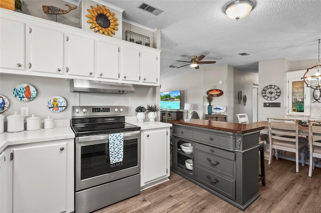 8470 Imperial Cir, Palmetto, FL 34221 - kitchen featuring stainless steel range with electric cooktop, under cabinet range hood, a textured ceiling, white cabinets, and ceiling fan
