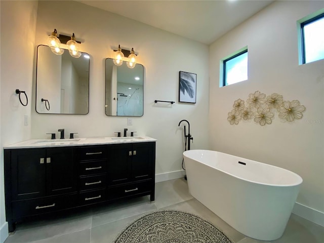 3616 Bellefonte Ave, North Port, FL 34286 - bathroom with double vanity, a soaking tub, tile patterned flooring, and a shower