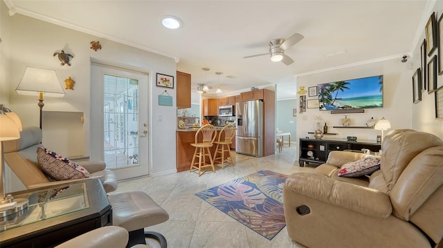 5524 Antilles Dr, Sarasota, FL 34231 - living room with crown molding, ceiling fan, light marble finish floors, and recessed lighting