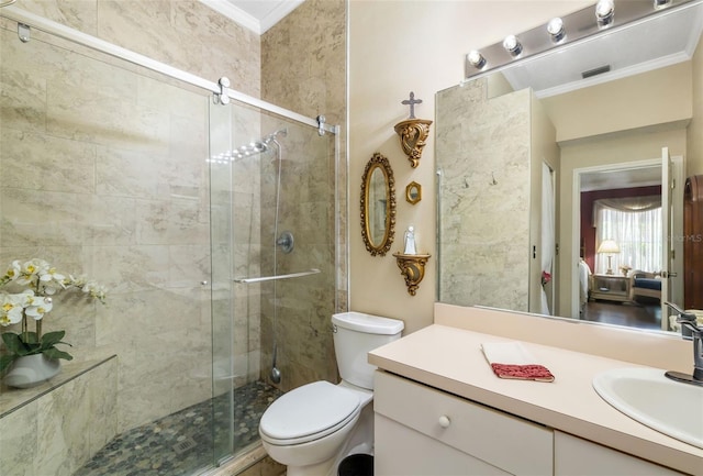 2411 New Haven Cir Unit 70, Sun City Center, FL 33573 - ensuite bathroom with ornamental molding, vanity, and a shower stall