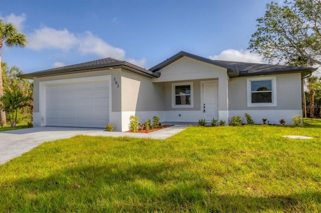 102 Arrow Ln, Rotonda West, FL 33947 - ranch-style house with an attached garage, concrete driveway, a front yard, and stucco siding