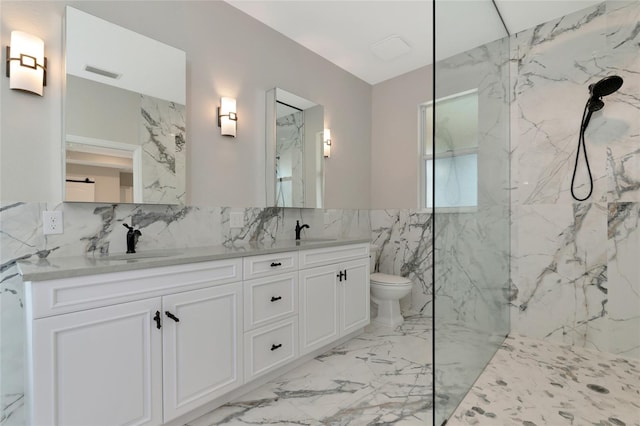 920 Lena Ln, Sarasota, FL 34240 - bathroom featuring tile walls, a marble finish shower, double vanity, and marble tiled floors