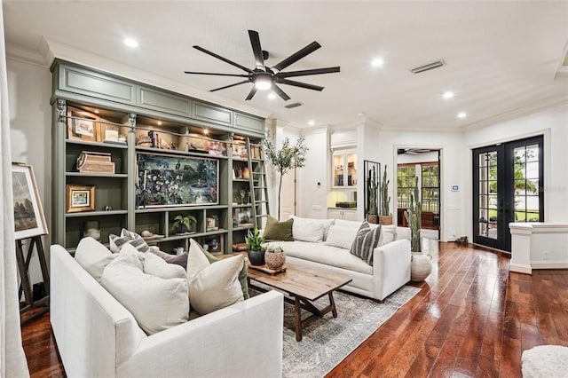 3906 Twin Rivers Trl, Parrish, FL 34219 - living room featuring ceiling fan, crown molding, dark wood-style flooring, recessed lighting, and french doors