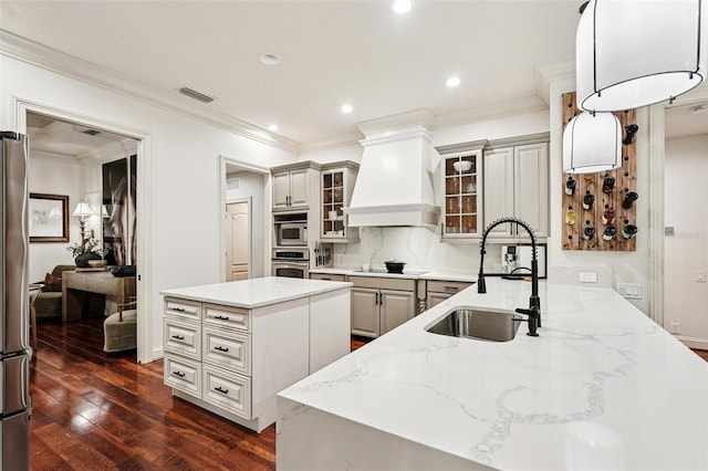 3906 Twin Rivers Trl, Parrish, FL 34219 - kitchen with appliances with stainless steel finishes, custom exhaust hood, dark wood finished floors, glass insert cabinets, and crown molding