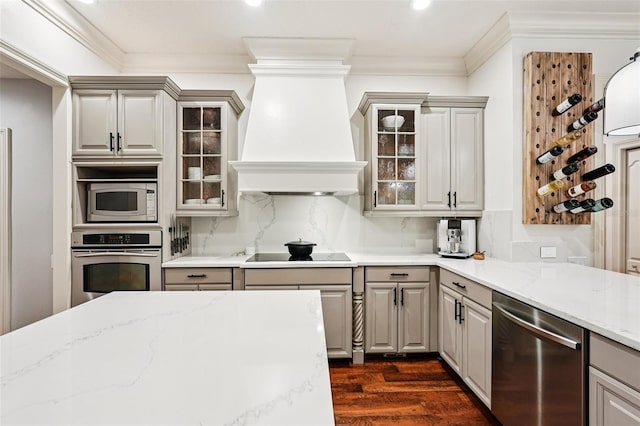 3906 Twin Rivers Trl, Parrish, FL 34219 - kitchen with appliances with stainless steel finishes, custom exhaust hood, crown molding, dark wood finished floors, and decorative backsplash