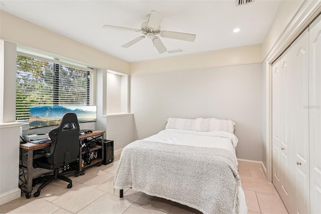 3906 Twin Rivers Trl, Parrish, FL 34219 - bedroom featuring a closet, an office area, a ceiling fan, light tile patterned flooring, and recessed lighting