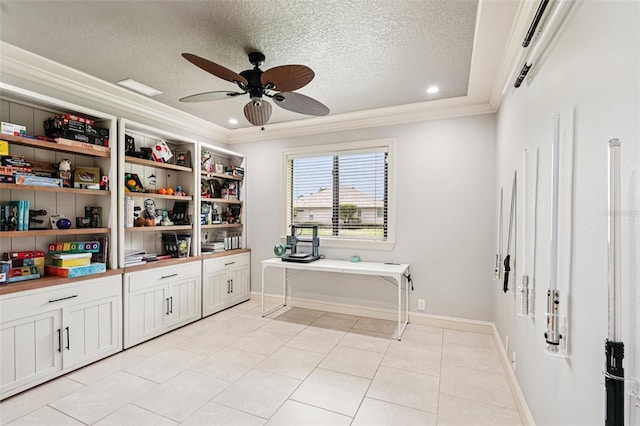 3906 Twin Rivers Trl, Parrish, FL 34219 - home office with crown molding, ceiling fan, a textured ceiling, recessed lighting, and light tile patterned floors