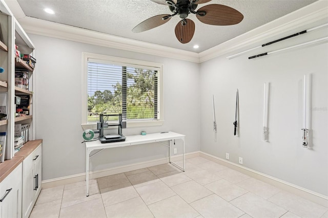 3906 Twin Rivers Trl, Parrish, FL 34219 - office with a ceiling fan, crown molding, a textured ceiling, and recessed lighting