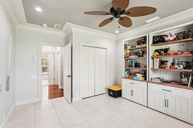3906 Twin Rivers Trl, Parrish, FL 34219 - unfurnished bedroom with ornamental molding, light tile patterned floors, a closet, a ceiling fan, and recessed lighting