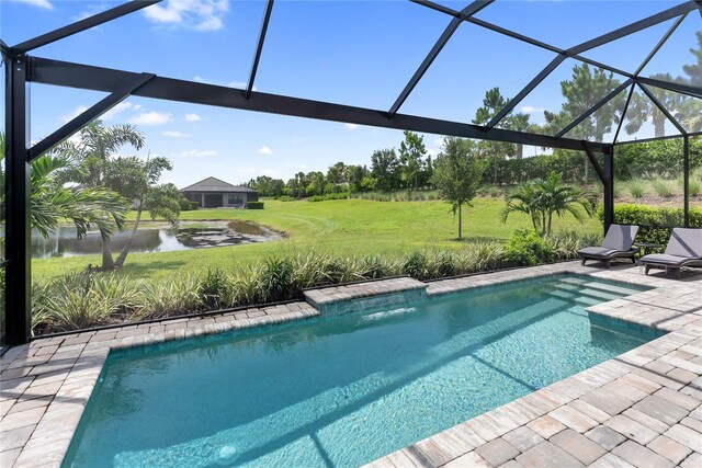 4735 Cassio Ct, Bradenton, FL 34211 - outdoor pool featuring a yard, a patio area, a lanai, and a water view