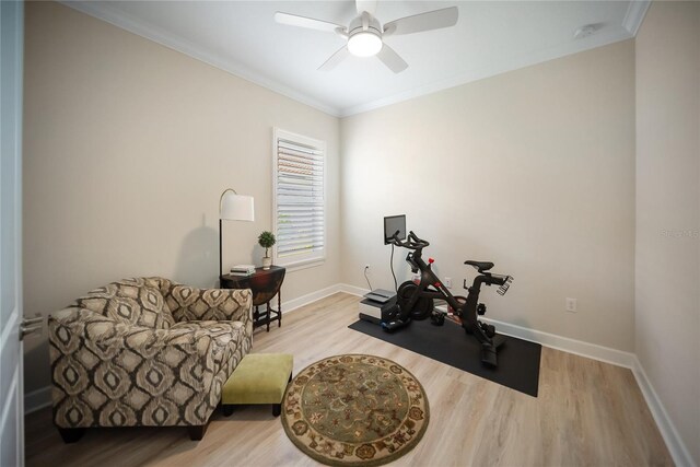 4735 Cassio Ct, Bradenton, FL 34211 - exercise area featuring wood finished floors, ornamental molding, and a ceiling fan