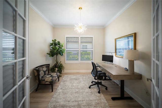 4735 Cassio Ct, Bradenton, FL 34211 - office featuring french doors, a chandelier, crown molding, and wood finished floors