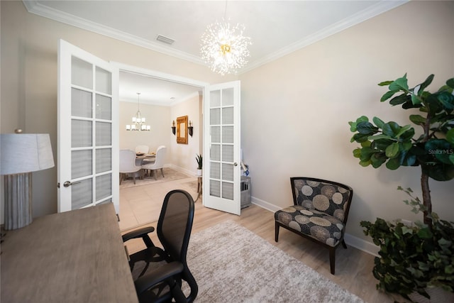 4735 Cassio Ct, Bradenton, FL 34211 - office space featuring a chandelier, french doors, ornamental molding, and wood finished floors