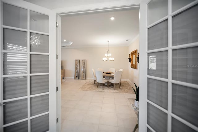 4735 Cassio Ct, Bradenton, FL 34211 - dining space with crown molding, a chandelier, tile patterned flooring, and recessed lighting