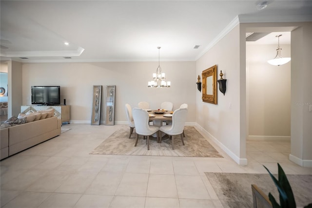 4735 Cassio Ct, Bradenton, FL 34211 - dining room with crown molding, a chandelier, light tile patterned floors, and recessed lighting