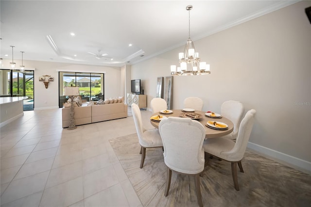 4735 Cassio Ct, Bradenton, FL 34211 - dining space featuring a chandelier, recessed lighting, light tile patterned floors, ornamental molding, and a ceiling fan