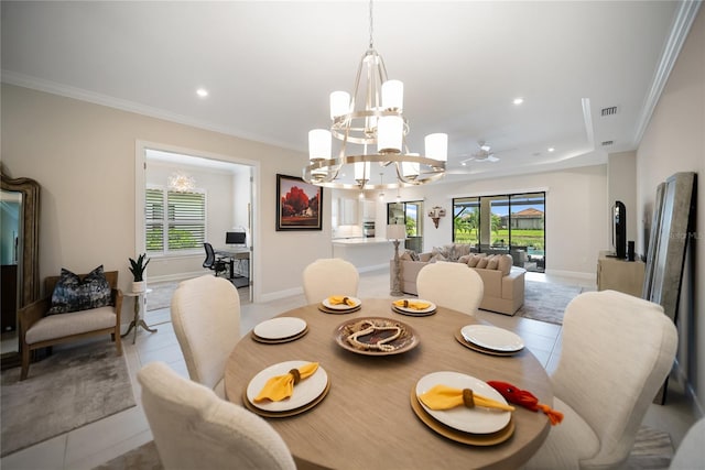 4735 Cassio Ct, Bradenton, FL 34211 - dining room with a chandelier, light tile patterned floors, plenty of natural light, recessed lighting, and ornamental molding