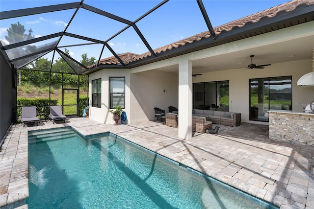 4735 Cassio Ct, Bradenton, FL 34211 - swimming pool featuring a patio, outdoor lounge area, and a ceiling fan