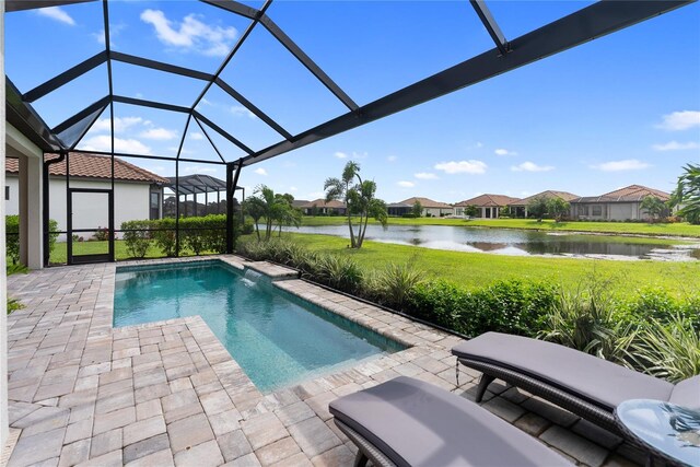 4735 Cassio Ct, Bradenton, FL 34211 - outdoor pool with a water view, a patio, a lawn, and a residential view