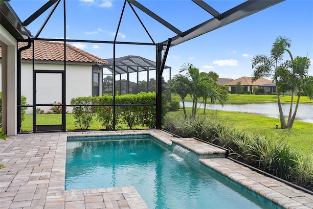 4735 Cassio Ct, Bradenton, FL 34211 - swimming pool featuring glass enclosure, a water view, a yard, and a patio area