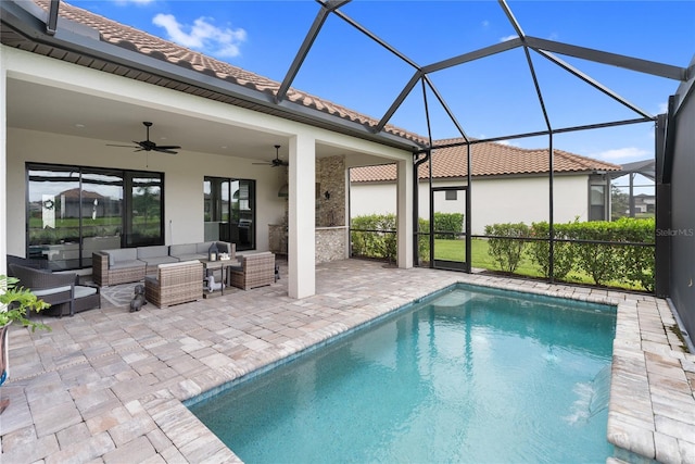 4735 Cassio Ct, Bradenton, FL 34211 - swimming pool featuring outdoor lounge area, a patio, a ceiling fan, and a lanai