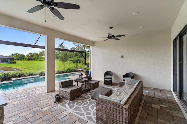 4735 Cassio Ct, Bradenton, FL 34211 - view of patio / terrace featuring ceiling fan and an outdoor pool