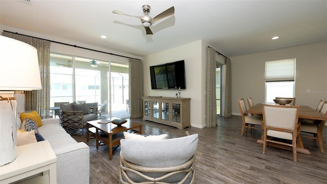 11223 Spring Gate Trl, Bradenton, FL 34211 - living room featuring a ceiling fan, wood finished floors, and recessed lighting