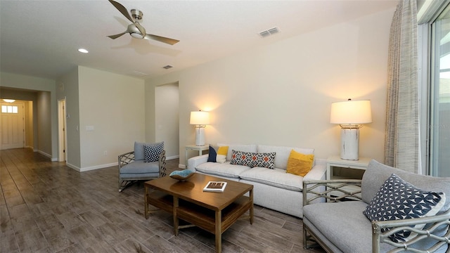11223 Spring Gate Trl, Bradenton, FL 34211 - living room with a ceiling fan, wood finished floors, and recessed lighting