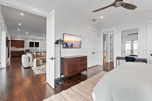 676 Regatta Way, Bradenton, FL 34208 - bedroom with dark wood-style floors, recessed lighting, ornamental molding, and ceiling fan