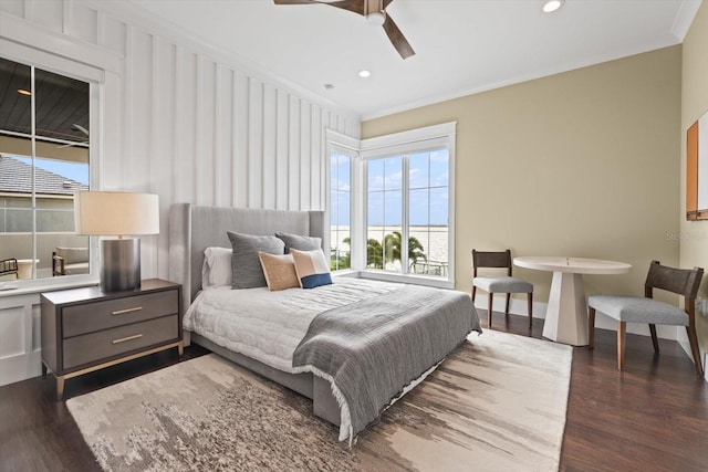 676 Regatta Way, Bradenton, FL 34208 - bedroom with dark wood-style flooring, ornamental molding, recessed lighting, and a ceiling fan