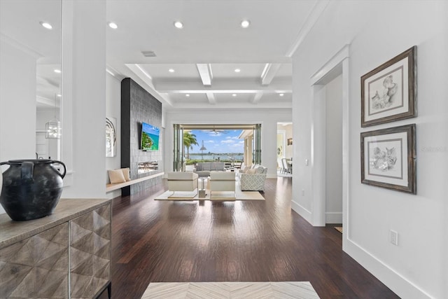 676 Regatta Way, Bradenton, FL 34208 - hall with coffered ceiling, recessed lighting, beamed ceiling, wood finished floors, and ornamental molding