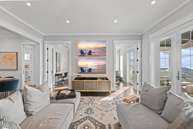 676 Regatta Way, Bradenton, FL 34208 - living area featuring recessed lighting, ornamental molding, wood finished floors, and french doors