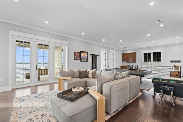 676 Regatta Way, Bradenton, FL 34208 - living area featuring billiards, wood finished floors, recessed lighting, and crown molding