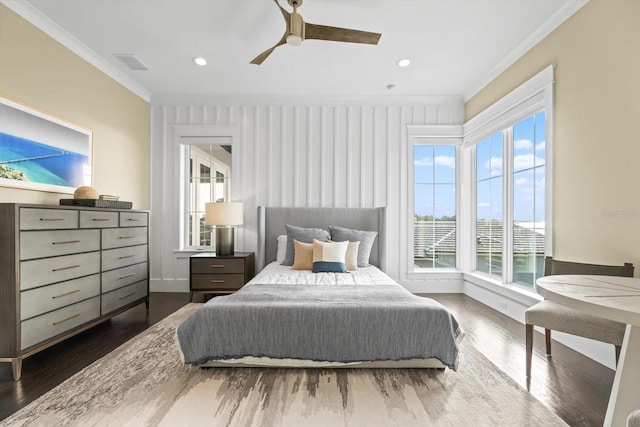 676 Regatta Way, Bradenton, FL 34208 - bedroom featuring ornamental molding, multiple windows, wood finished floors, recessed lighting, and ceiling fan