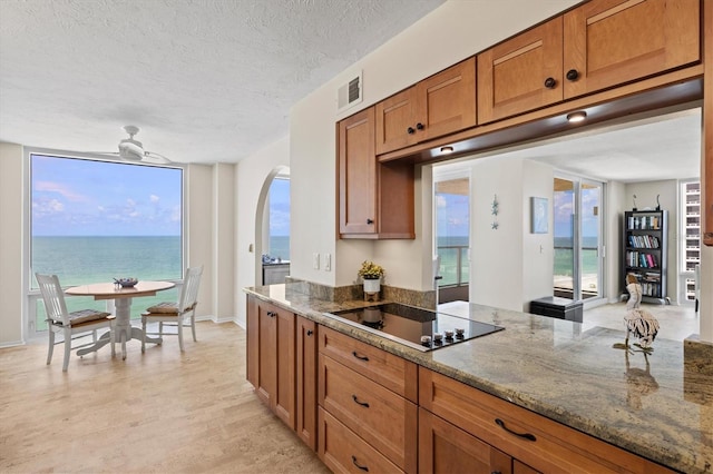 2425 Gulf Of Mexico Dr Unit 10F, Longboat Key, FL 34228 - kitchen featuring brown cabinets, arched walkways, dark stone counters, a textured ceiling, and black electric stovetop