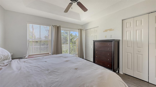 8907 White Sage Loop, Lakewood Ranch, FL 34202 - bedroom featuring multiple closets, a raised ceiling, wood finished floors, ceiling fan, and access to exterior