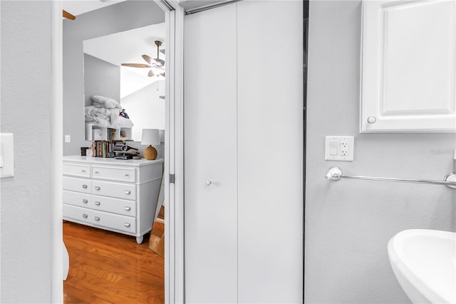 200 Cocoanut Ave Unit 1, Sarasota, FL 34236 - bathroom with wood finished floors and ceiling fan