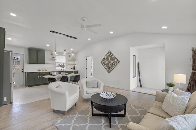 3310 W 9th Ave, Bradenton, FL 34205 - living area featuring a ceiling fan, light wood finished floors, recessed lighting, and vaulted ceiling