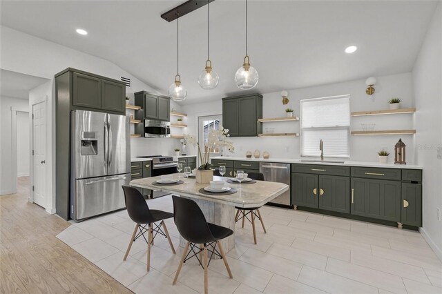 3310 W 9th Ave, Bradenton, FL 34205 - kitchen featuring open shelves, appliances with stainless steel finishes, green cabinets, lofted ceiling, and recessed lighting