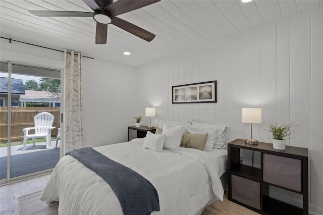 3310 W 9th Ave, Bradenton, FL 34205 - bedroom featuring access to exterior, wood finished floors, recessed lighting, a ceiling fan, and wood ceiling