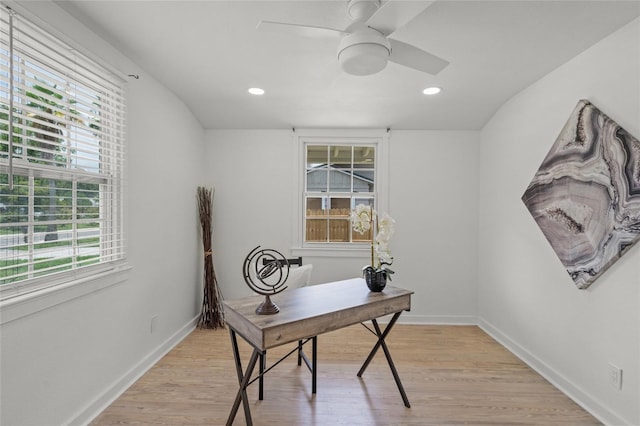 3310 W 9th Ave, Bradenton, FL 34205 - home office with light wood-style floors, ceiling fan, and recessed lighting