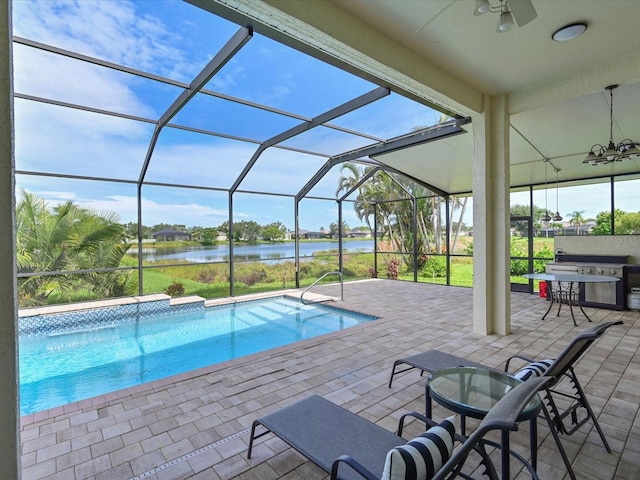 5184 51st Ln W, Bradenton, FL 34210 - swimming pool featuring ceiling fan, a water view, a patio area, grilling area, and glass enclosure