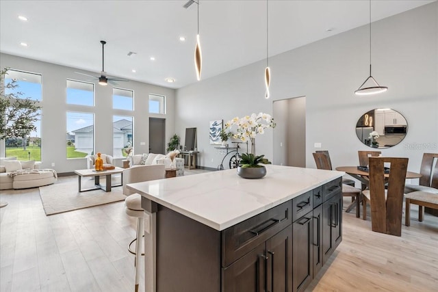 9150 Key W St, Port Charlotte, FL 33981 - kitchen featuring a high ceiling, a ceiling fan, open floor plan, light wood-style flooring, and pendant lighting