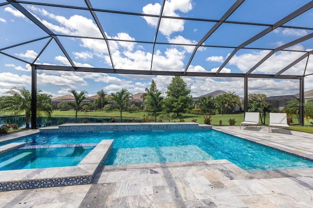 16511 Cornwall Ln, Lakewood Ranch, FL 34202 - view of pool with a patio, a pool with connected hot tub, and glass enclosure