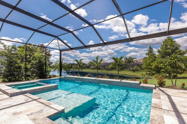 16511 Cornwall Ln, Lakewood Ranch, FL 34202 - view of swimming pool with a water view, a patio, a lanai, and a pool with connected hot tub