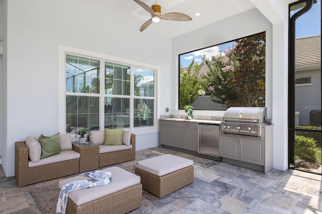 16511 Cornwall Ln, Lakewood Ranch, FL 34202 - view of patio featuring an outdoor kitchen, ceiling fan, and outdoor lounge area