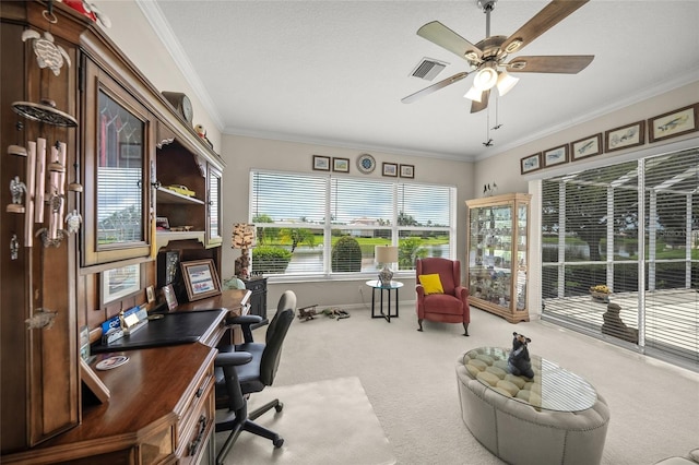 2937 Seasons Blvd, Sarasota, FL 34240 - home office featuring carpet floors, ceiling fan, and crown molding