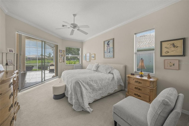 2937 Seasons Blvd, Sarasota, FL 34240 - bedroom with carpet flooring, ornamental molding, access to outside, and a ceiling fan